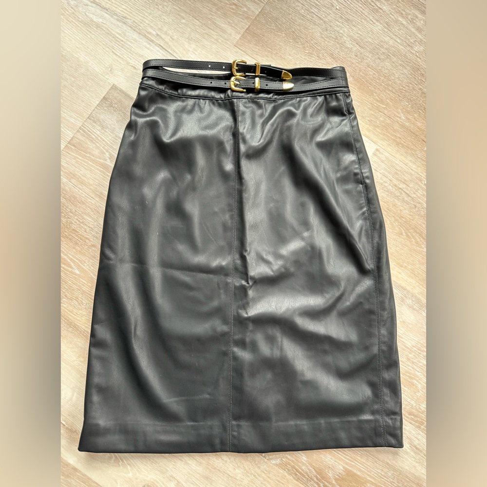Celine Black Leather Pencil Skirt with Gold Buckle Belt